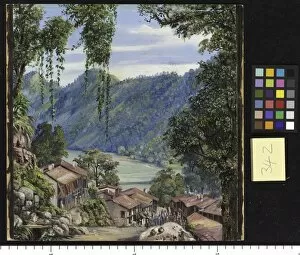 Marianne North Gallery: 342. Looking down the Bazaar and Lake of Nynee Tal, Kumaon, Nort
